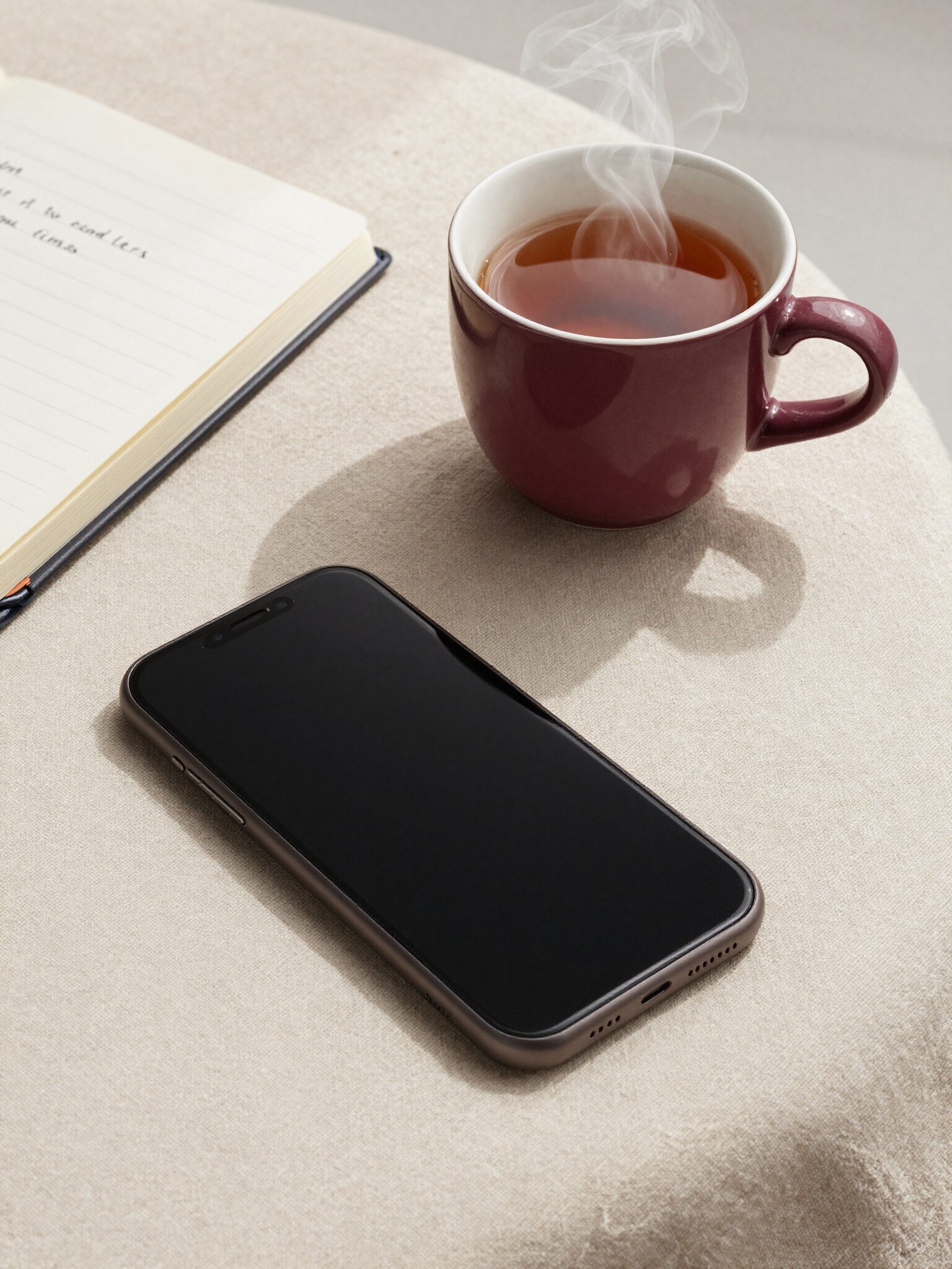 A phone set aside beside a warm cup of tea and an open notebook